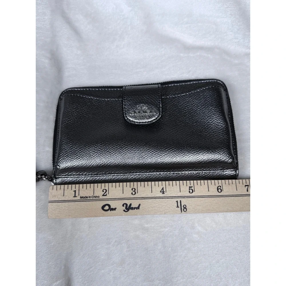 Coach Metallic Gunmetal Silver Pebbled Leather Zip Around Wristlet Wallet Clutch
